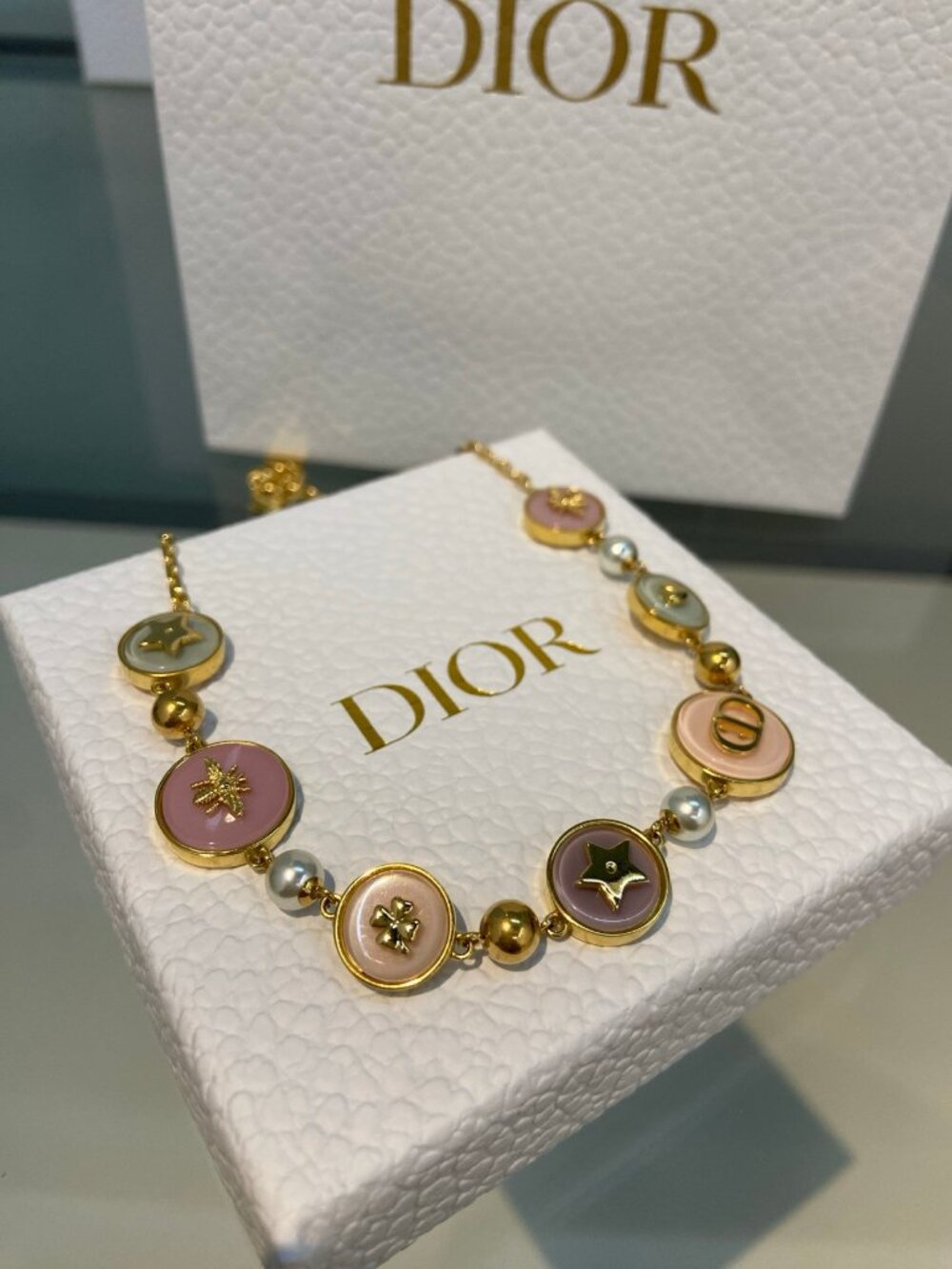 Dior Gold-Tone Enamel Medallion Pearl Charm Necklace